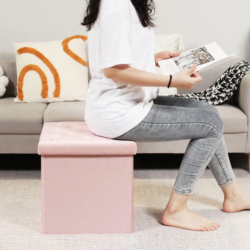 B FSOBEIIALEO Storage Ottoman Cube, Velvet Tufted Folding Ottomans with Lid, Footstool Rest Padded Seat for Bedroom (Pink, Medium) - Image 3